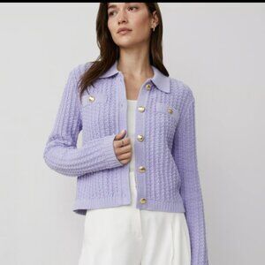 ANN TAYLOR LILAC BUD STITCHED COLLARED BUTTON SWEATER JACKET GOLD BUTTON $149 L